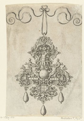 Front of a pendant with a nude god holding a shield, seated on a globe