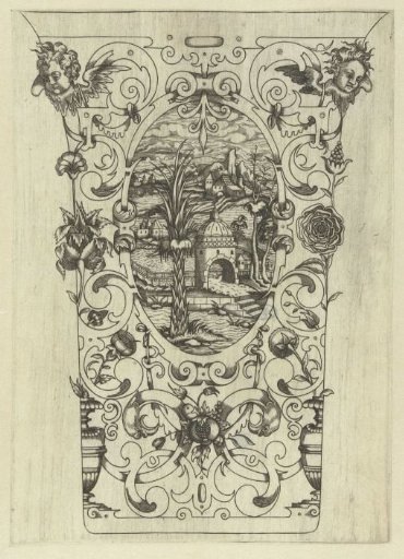 Cup, with an oval containing a landscape in the center