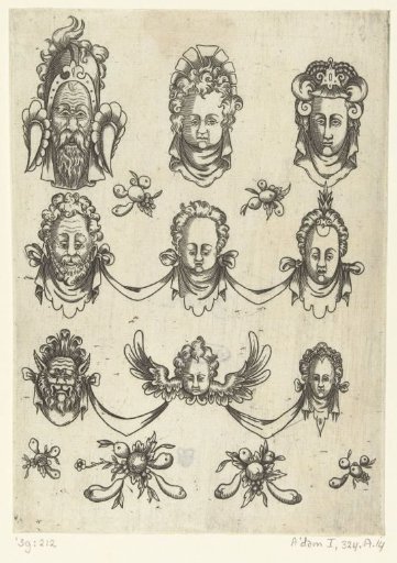 Nine masks and six small bunches of fruit