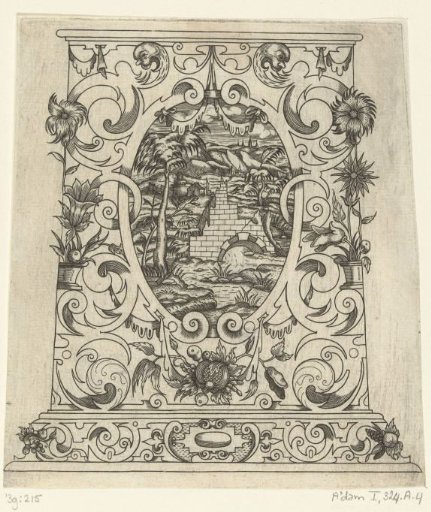 Beer jug with a landscape in an oval, surrounded by scrollwork
