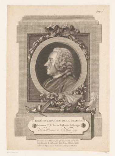 Portrait of Louis-René de Caradeuc de La Chalotais in an oval frame with scales and incense
