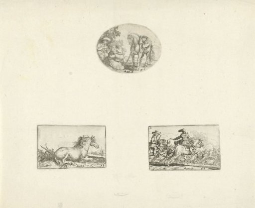 Three soldiers playing cards next to a horse / Reclining horse / Battle scene, with a galloping rider in the center