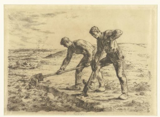 Two peasants turning over the soil of a field