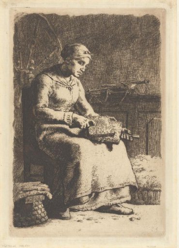 Woman sitting on a chair carding wool