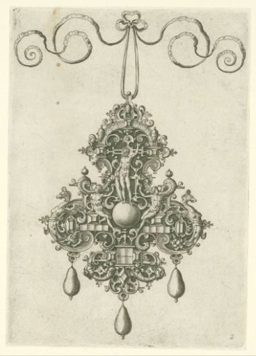 Front of a pendant with a naked god with a shield, sitting on a globe
