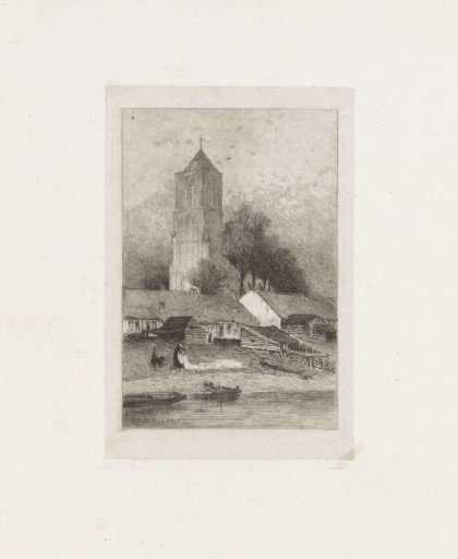 Village with a church tower by the water