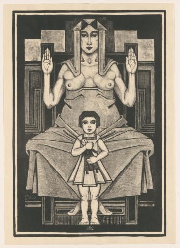 Stylised composition with a child before a seated woman