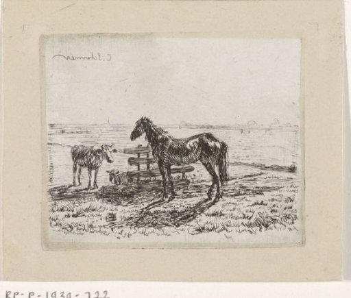 Meadow with a horse and two cows