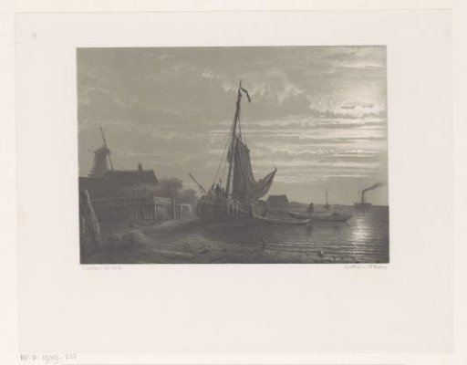 Sailing ship on dry land by moonlight