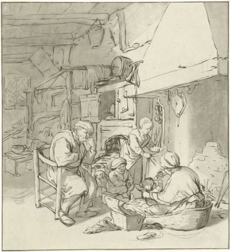 Peasant family by the fireplace