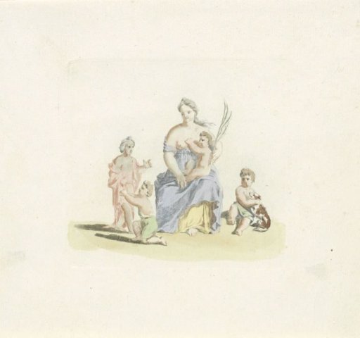 Woman with child on lap and palm branch in hand