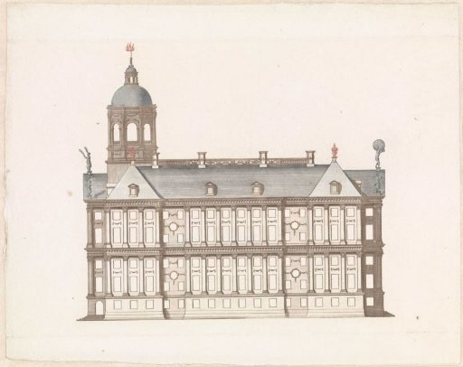 Side elevation of the Town Hall in Amsterdam with a balustrade on the roof