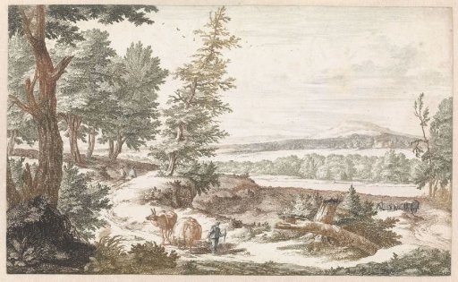 Landscape with donkeys on a road