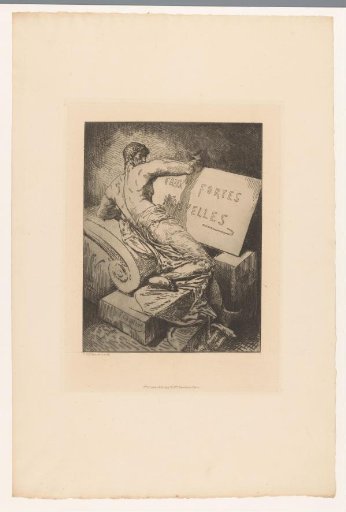 Title page with man on stone monument