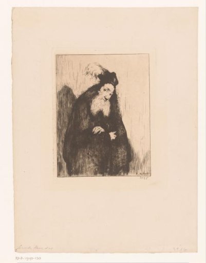 Old man with a beard and a hat with feathers, his arms crossed in front of him