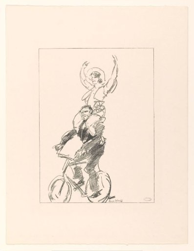 Acrobat on the shoulders of a man on a bicycle