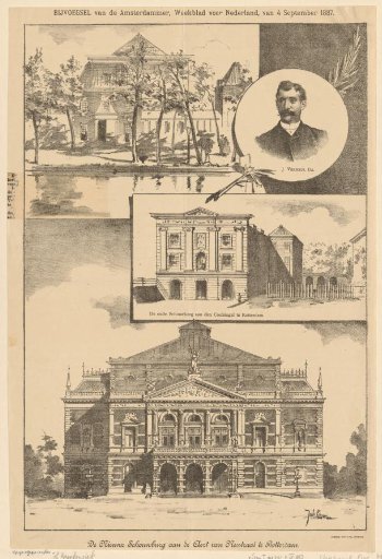Portrait of J. Verheul with the new Schouwburg on the Aert van Nesstraat and the old Schouwburg on the Coolsingel in Rotterdam