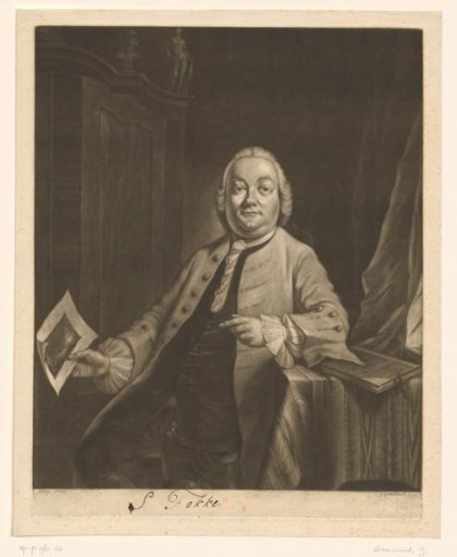 Portrait of Simon Fokke with the print of the plundering of the house of Gerrit Hagedooren, 1751