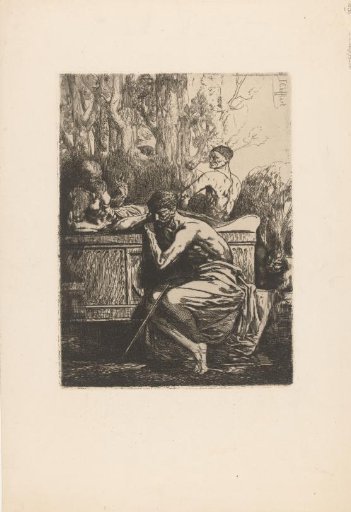 Classical representation with men around a sarcophagus