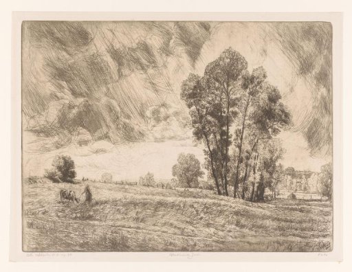 Rain showers over a meadow landscape with a milkmaid and cow