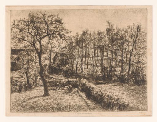 Man and woman working the soil in a landscape with fenced plots and trees