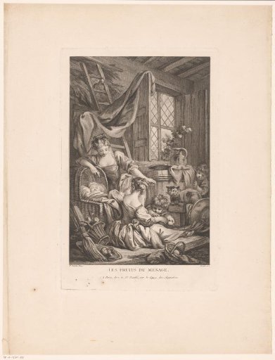 Young mother with children and a cat in a rustic interior