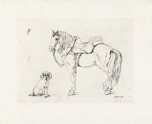 Saddled Horse and a Dog