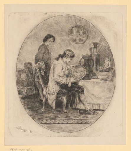 Self-portrait at a table with antique objects
