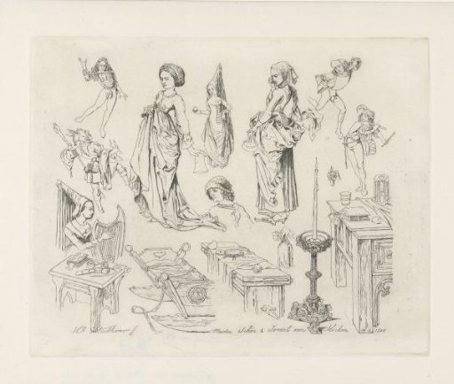 Study sheet with dancing and music-making figures