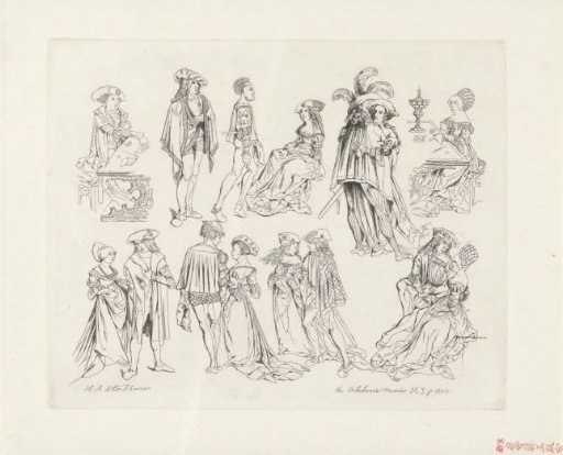Study sheet with various couples in medieval clothing