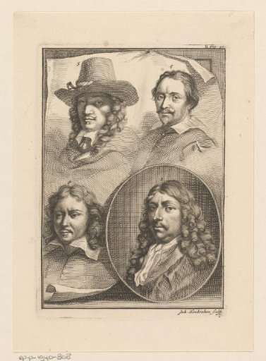 Portraits of Gerard ter Borch (II), Gabriël Metsu, Karel du Jardin and Gillis Claesz. de Hondecoeter on one sheet