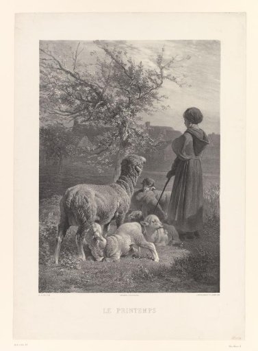 Shepherdess with sheep by a tree