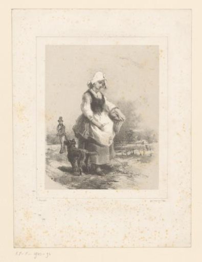 Woman with basket walking with dog through flat landscape