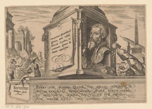 Portrait of Maarten van Heemskerck on the pedestal of a column
