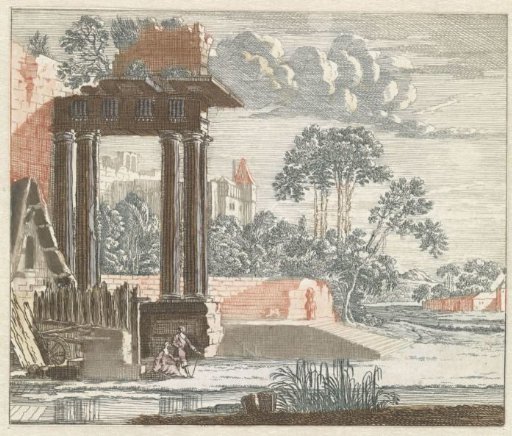 Landscape with classical ruins by the water