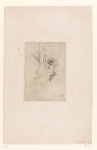 Naked woman with a laurel wreath writing on a plate