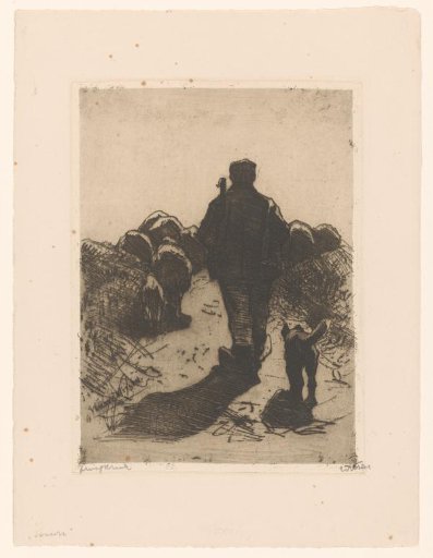 Shepherd with Dog Behind His Flock