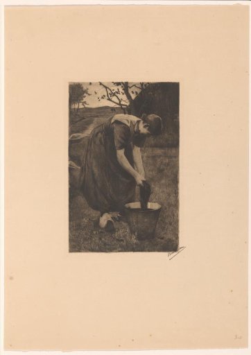 Peasant woman washing textile in a bucket