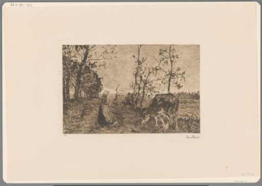Woman with a Cow on a Leash on a Country Road