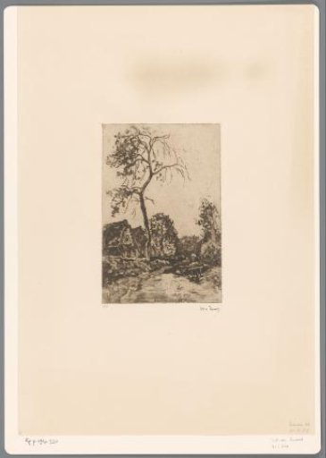 Country road with farmhouses and woman with wheelbarrow