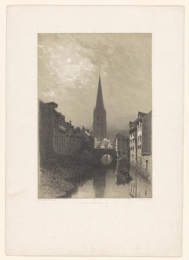 City with river and church tower in moonlight