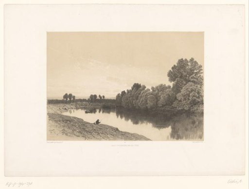 River landscape with fishermen in evening light