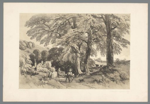 Landscape with travellers on a forest path in hills