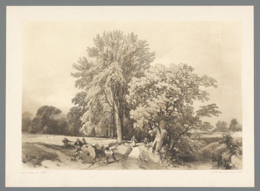 Landscape with figures along a forest path by a meadow and a stream