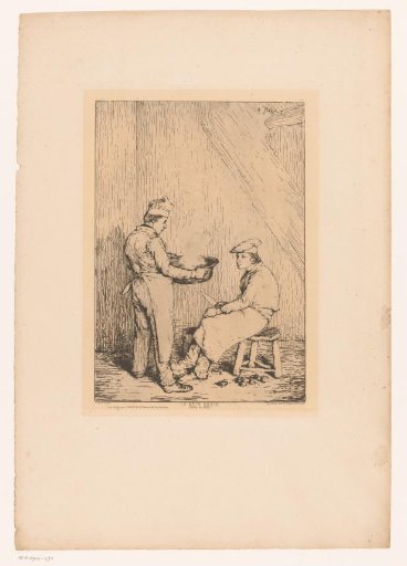 Standing cook with a pan and seated cook with a knife