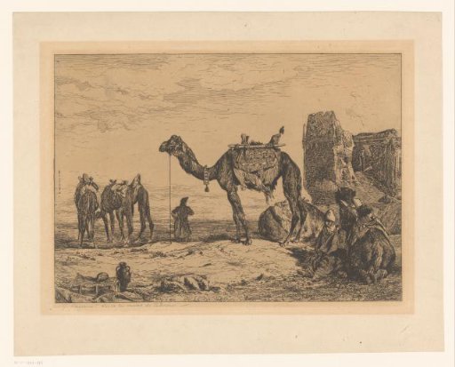 Landscape with camels by a ruin