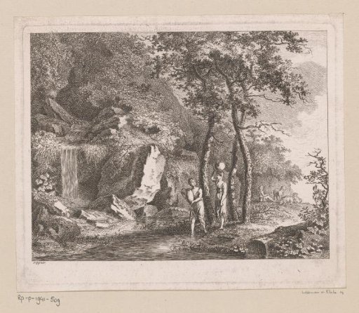 Two Women Drawing Water at a Waterfall