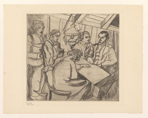 Interieur met mannen en vrouwen rond een tafel