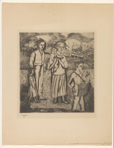 Gezin in een landschap met accordeon spelende jongen