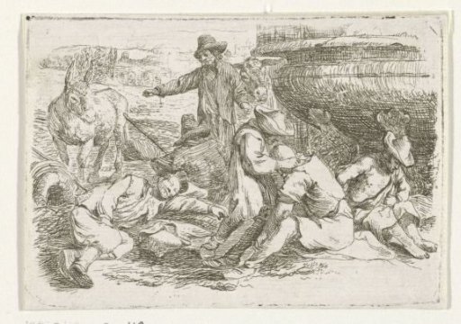 Six beggars at a fountain